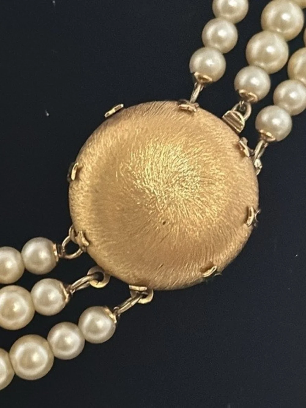 Vintage 1950’s Signed Napier 3 Strand Faux Pearl & Gold Tone Bead Necklace